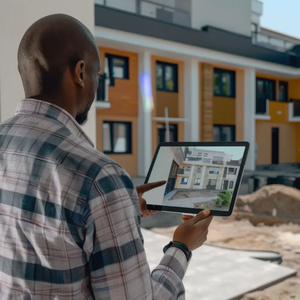 Developer looking at an unfinished building